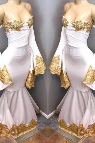 Long Sleevess Formal Dresses with gold appliques, mermaid Evening Party Gowns