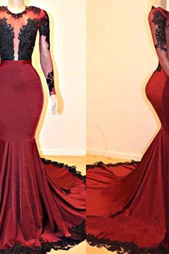 Long Sleevess Round Collar Mermaid Prom Dress Red Sequins Long Chiffon