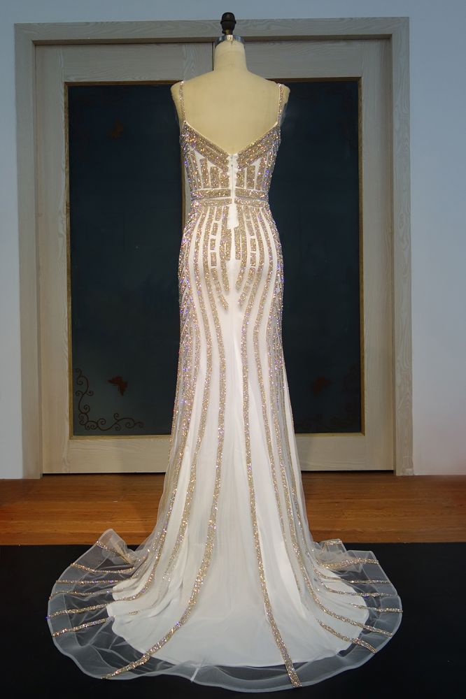Robe de bal sirène longue à paillettes champagne, décolleté cœur