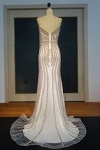 Robe de bal sirène longue à paillettes champagne, décolleté cœur