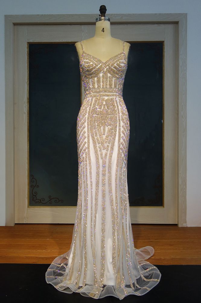 Robe de bal sirène longue à paillettes champagne, décolleté cœur