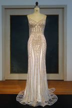 Robe de bal sirène longue à paillettes champagne, décolleté cœur
