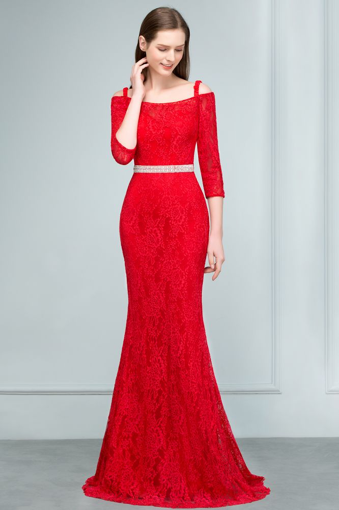 Robe de bal sirène longue à bretelles spaghetti, épaules dénudées, en dentelle, avec manches et ceinture.