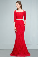 Robe de bal sirène longue à bretelles spaghetti, épaules dénudées, en dentelle, avec manches et ceinture.
