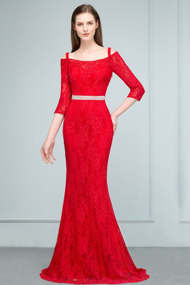 Robe de bal sirène longue à bretelles spaghetti, épaules dénudées, en dentelle, avec manches et ceinture.