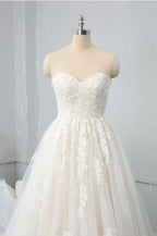 Long Sweetheart Backless Appliques Lace Tulle A-Line Wedding Dress