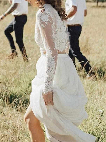 Vestidos de novia largos de dos piezas, corte en A, cuello joya, encaje y gasa con mangas
