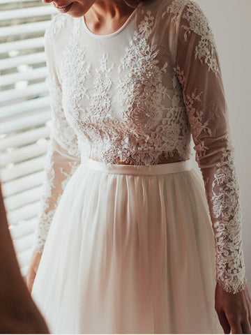 Vestidos de novia largos de dos piezas, corte en A, cuello joya, encaje y gasa con mangas