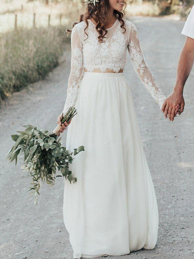 Long Two Piece A-Line Jewel Neck Lace Chiffon Wedding Dresses with Sleeves