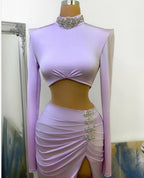 Robe de bal longue deux pièces sirène à col montant fendue et manches