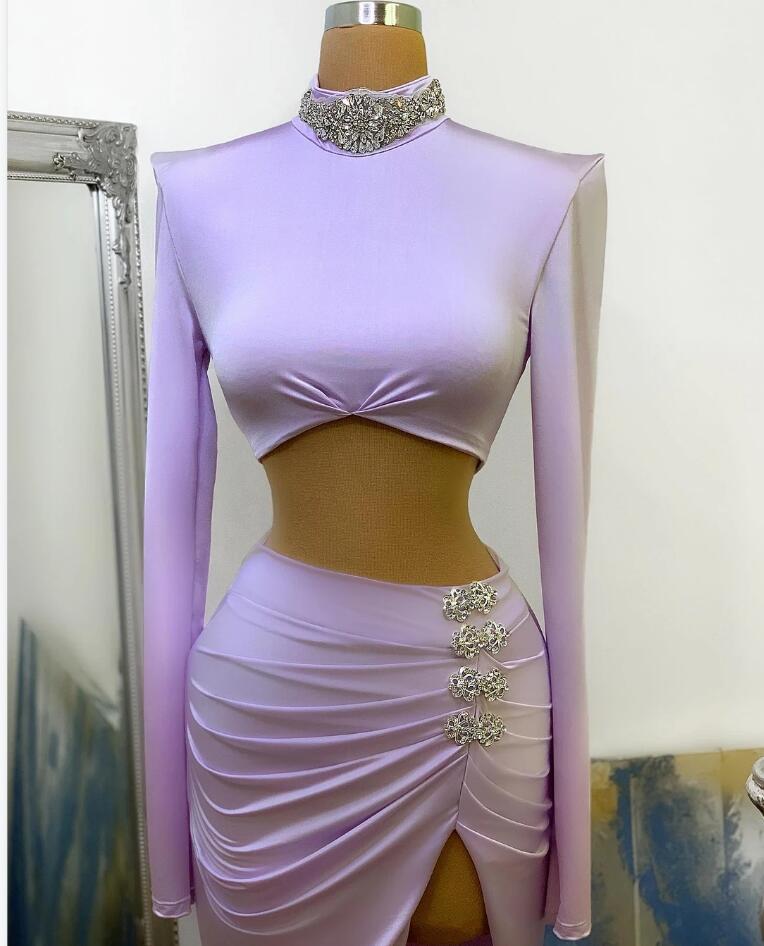 Robe de bal longue deux pièces sirène à col montant fendue et manches