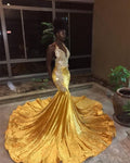 Robe de soirée sirène longue en dentelle à col V et appliques