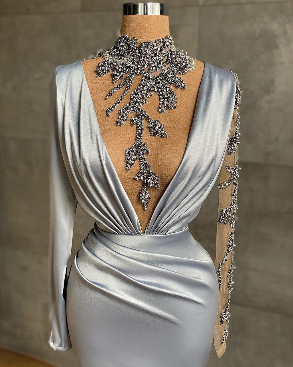 Long V-neck Beading Satin Mermaid Evening Dress with Sleeves