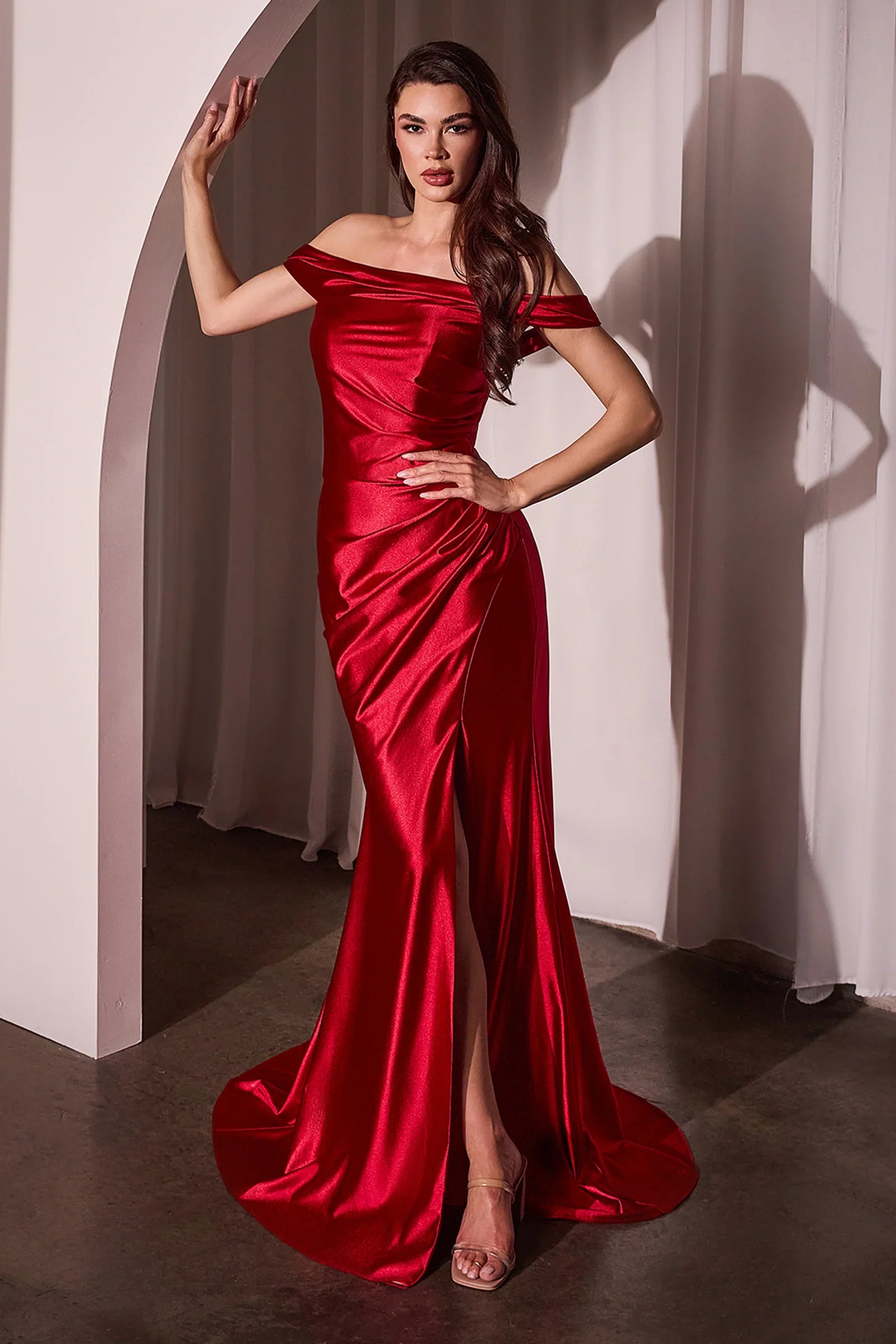 long off shoulder gown dress with a sweep train