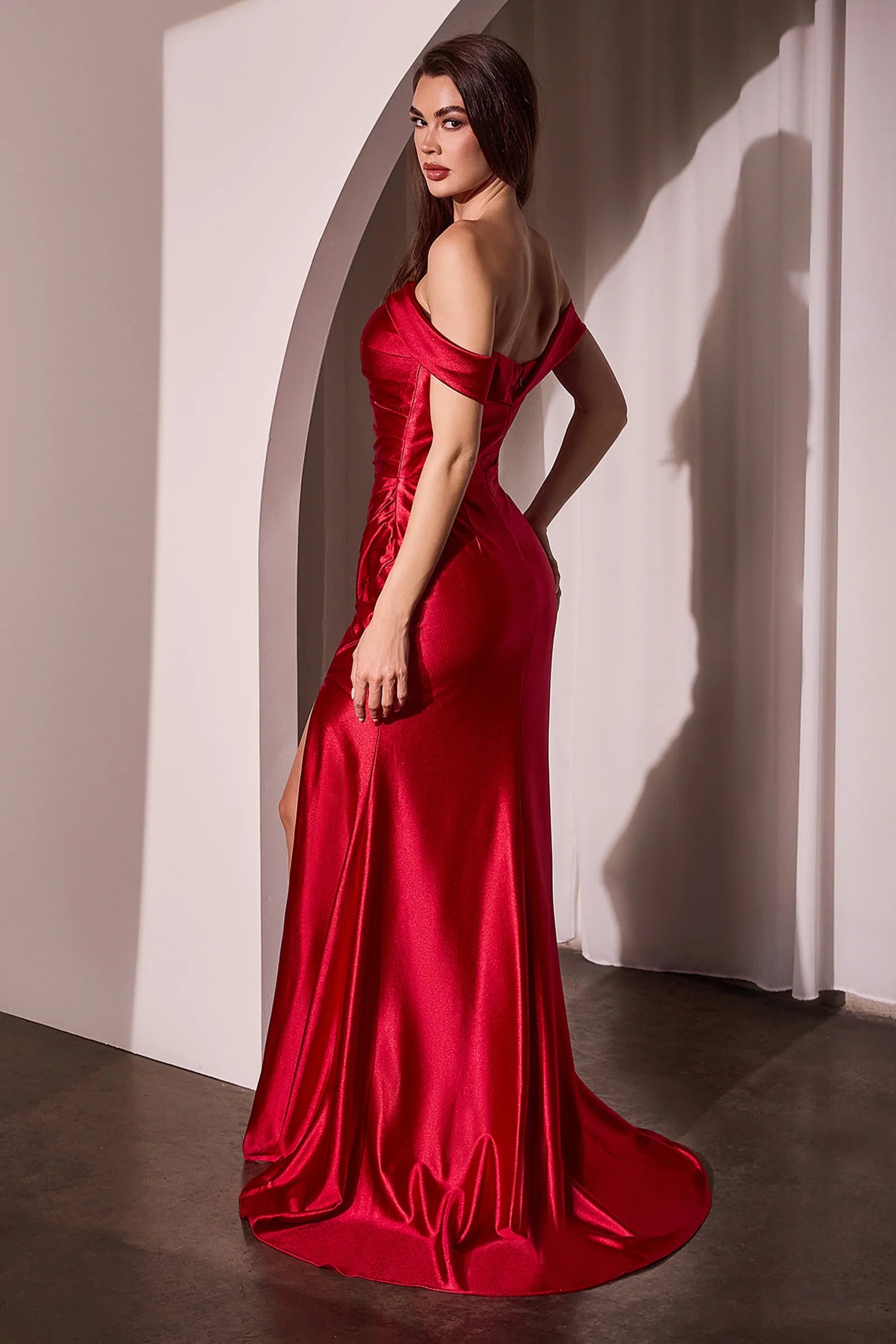 long off shoulder gown dress with a sweep train