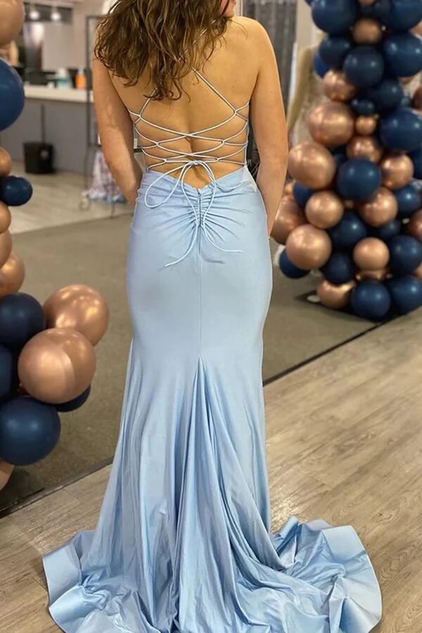 Vestidos largos de fiesta de sirena de satén con tirantes finos y cola
