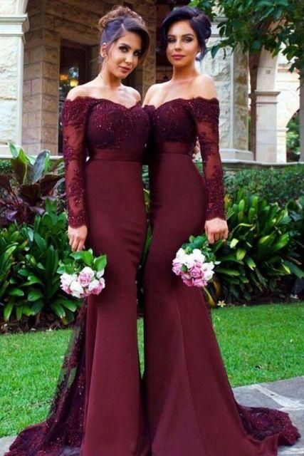 Robe de demoiselle d'honneur bordeaux en dentelle, robe de bal sirène à épaules dénudées 