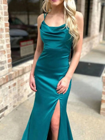 Loula | Robe de bal longue sirène en satin rose à fines bretelles et fente