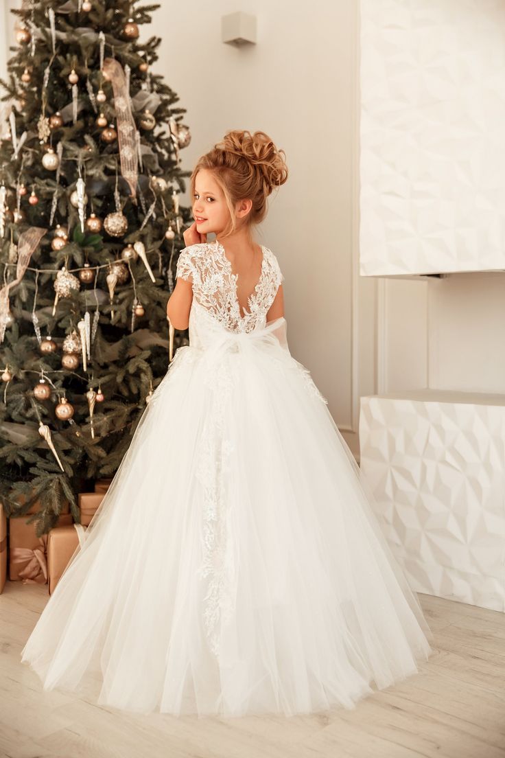 Precioso vestido largo de princesa de tul y encaje para niña de las flores