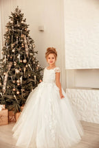 Precioso vestido largo de princesa de tul y encaje para niña de las flores