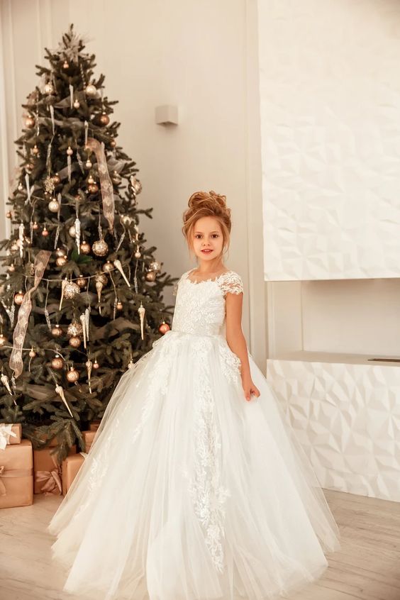 Precioso vestido largo de princesa de tul y encaje para niña de las flores