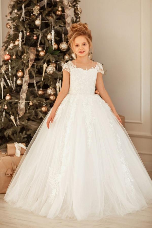 Precioso vestido largo de princesa de tul y encaje para niña de las flores
