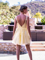 Robe de bal de promo mini en tulle appliqué à dos nu et application
