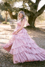 Vestido largo de fiesta rosa con escote pronunciado y volantes, con tirantes y lazos, de RGlitter.