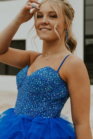 Lucely | Vestido de fiesta formal de tul con escote corazón, tirantes finos y abertura