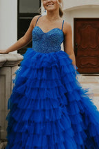 Lucely | Vestido de fiesta formal de tul con escote corazón, tirantes finos y abertura