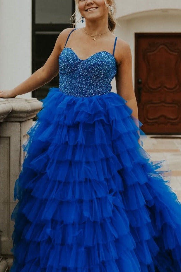 Lucely | Vestido de fiesta formal de tul con escote corazón, tirantes finos y abertura