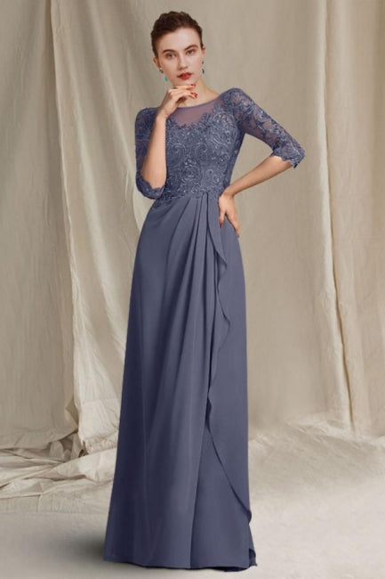 Elegante vestido de encaje corte A para la madre de la novia, con escote redondo y manga corta. Vestidos de dama de honor con apliques.