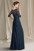 Elegante vestido de encaje corte A para la madre de la novia, con escote redondo y manga corta. Vestidos de dama de honor con apliques.