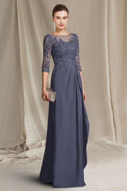 Elegante vestido de encaje corte A para la madre de la novia, con escote redondo y manga corta. Vestidos de dama de honor con apliques.