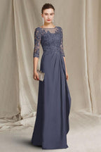 Elegante vestido de encaje corte A para la madre de la novia, con escote redondo y manga corta. Vestidos de dama de honor con apliques.