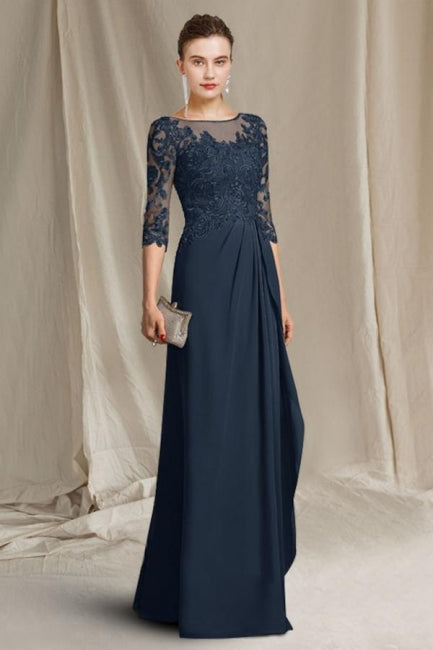 Elegante vestido de encaje corte A para la madre de la novia, con escote redondo y manga corta. Vestidos de dama de honor con apliques.