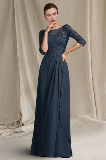 Elegante vestido de encaje corte A para la madre de la novia, con escote redondo y manga corta. Vestidos de dama de honor con apliques.