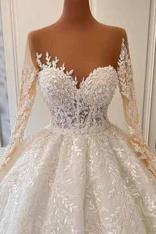 Vestidos de novia de princesa, lujosos vestidos de baile de encaje de manga larga con corte en A