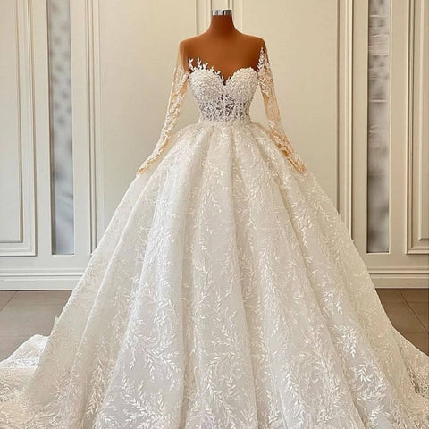 Vestidos de novia de princesa, lujosos vestidos de baile de encaje de manga larga con corte en A