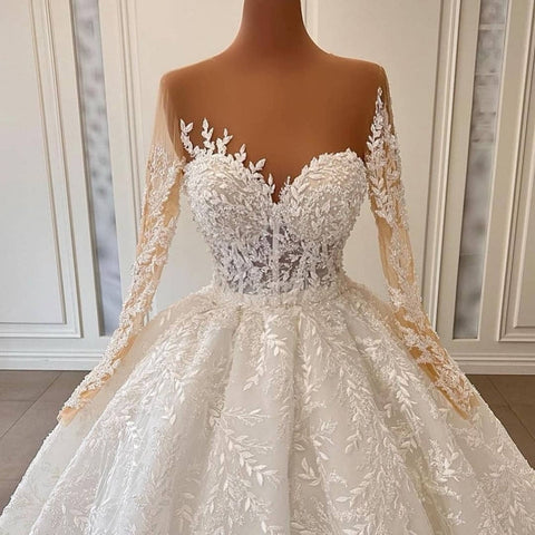 Vestidos de novia de princesa, lujosos vestidos de baile de encaje de manga larga con corte en A