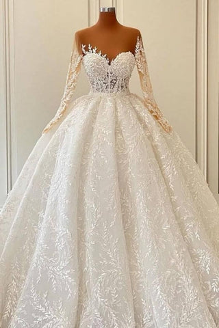 Vestidos de novia de princesa, lujosos vestidos de baile de encaje de manga larga con corte en A