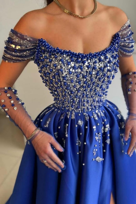 Robe de bal luxueuse en satin, coupe trapèze, sans manches, avec décolleté plongeant et fente sur le devant