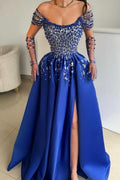 Robe de bal luxueuse en satin, coupe trapèze, sans manches, avec décolleté plongeant et fente sur le devant