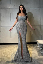 Robe de bal luxueuse sans manches à paillettes et fente