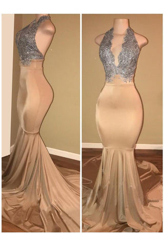 Vestidos de sirena de lujo sin mangas con apliques de encaje y cuello halter para baile de graduación.