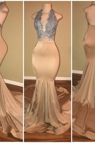 Vestidos de sirena de lujo sin mangas con apliques de encaje y cuello halter para baile de graduación.