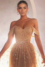 Robe de bal luxueuse longue en tulle à épaules dénudées et perles, sans manches