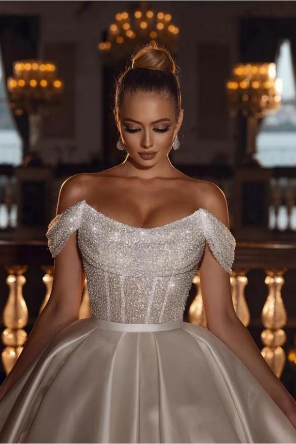 Robe de bal longue luxueuse à épaules dénudées, ornée de sequins scintillants, robe de mariée en satin