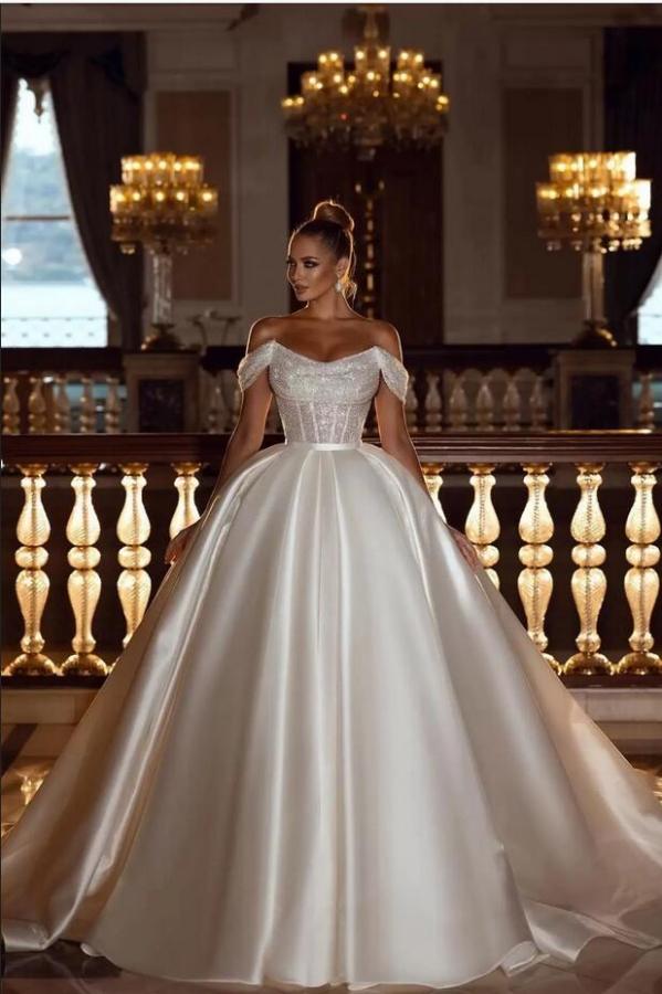 Robe de bal longue luxueuse à épaules dénudées, ornée de sequins scintillants, robe de mariée en satin