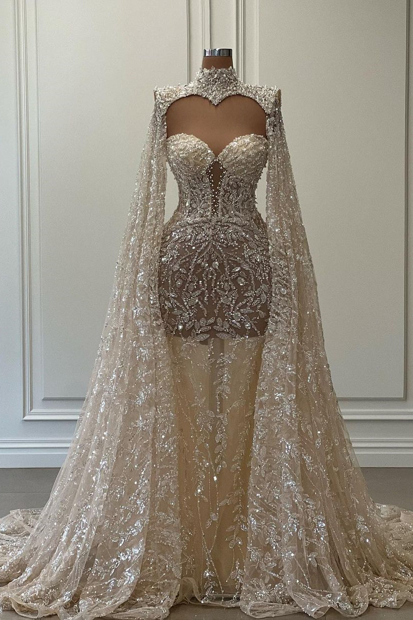 Robe de bal longue et luxueuse à col haut et manches en dentelle pailletée